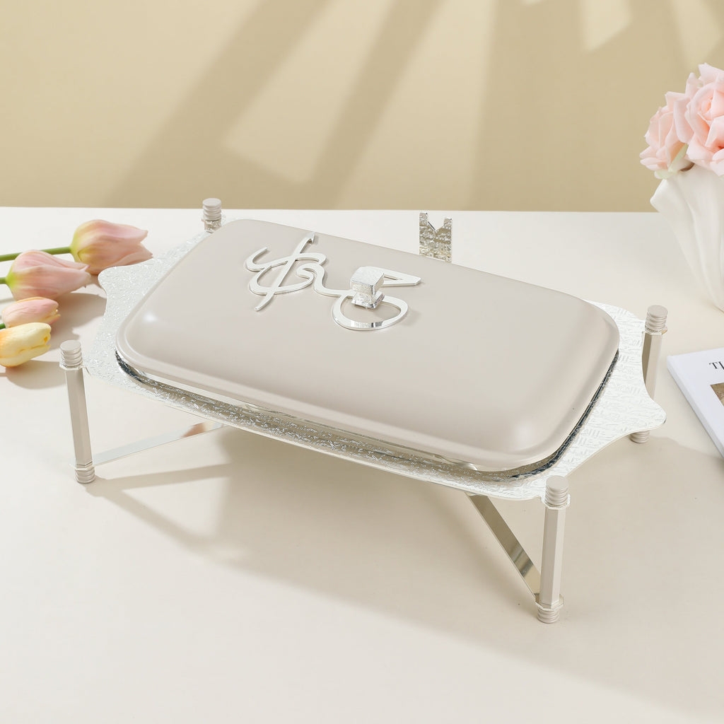 Jiwar Medium Twin Candle Pyrex Chafer – Beige & Silver, Stainless Steel Food Warmer