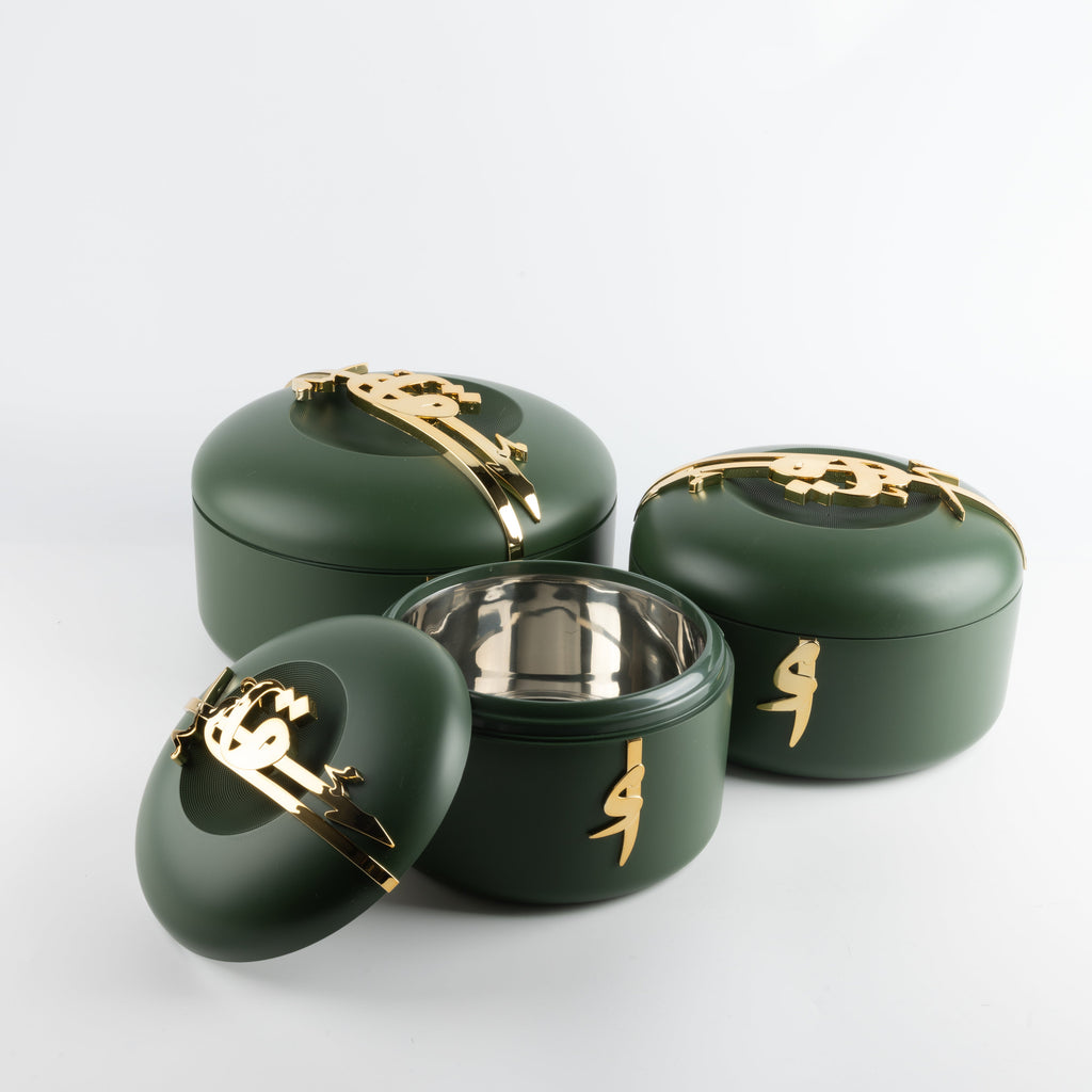 Liqa’a Food Thermos Set 3-Piece – Olive Green & Gold | Elegant Warm Serveware
