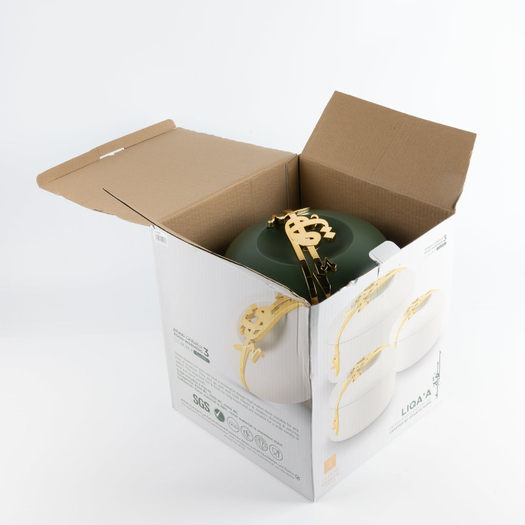 Liqa’a Food Thermos Set 3-Piece – Olive Green & Gold | Elegant Warm Serveware