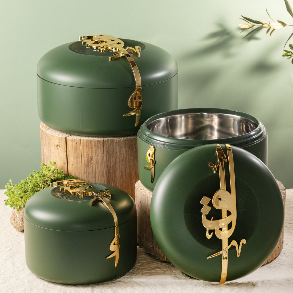 Liqa’a Food Thermos Set 3-Piece – Olive Green & Gold | Elegant Warm Serveware