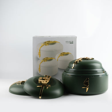 Liqa’a Food Thermos Set 3-Piece – Olive Green & Gold | Elegant Warm Serveware