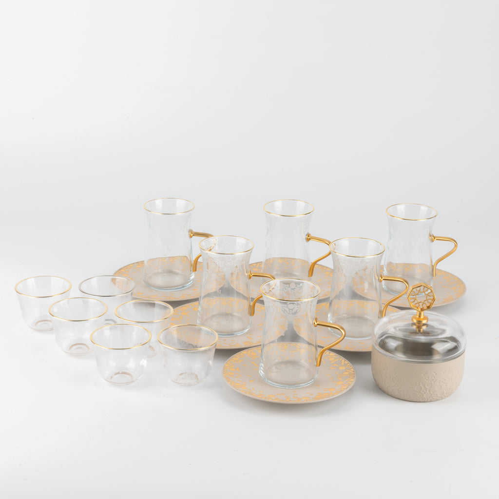 Nourhan -  Tea Set (19-Pc) - Beige & Gold