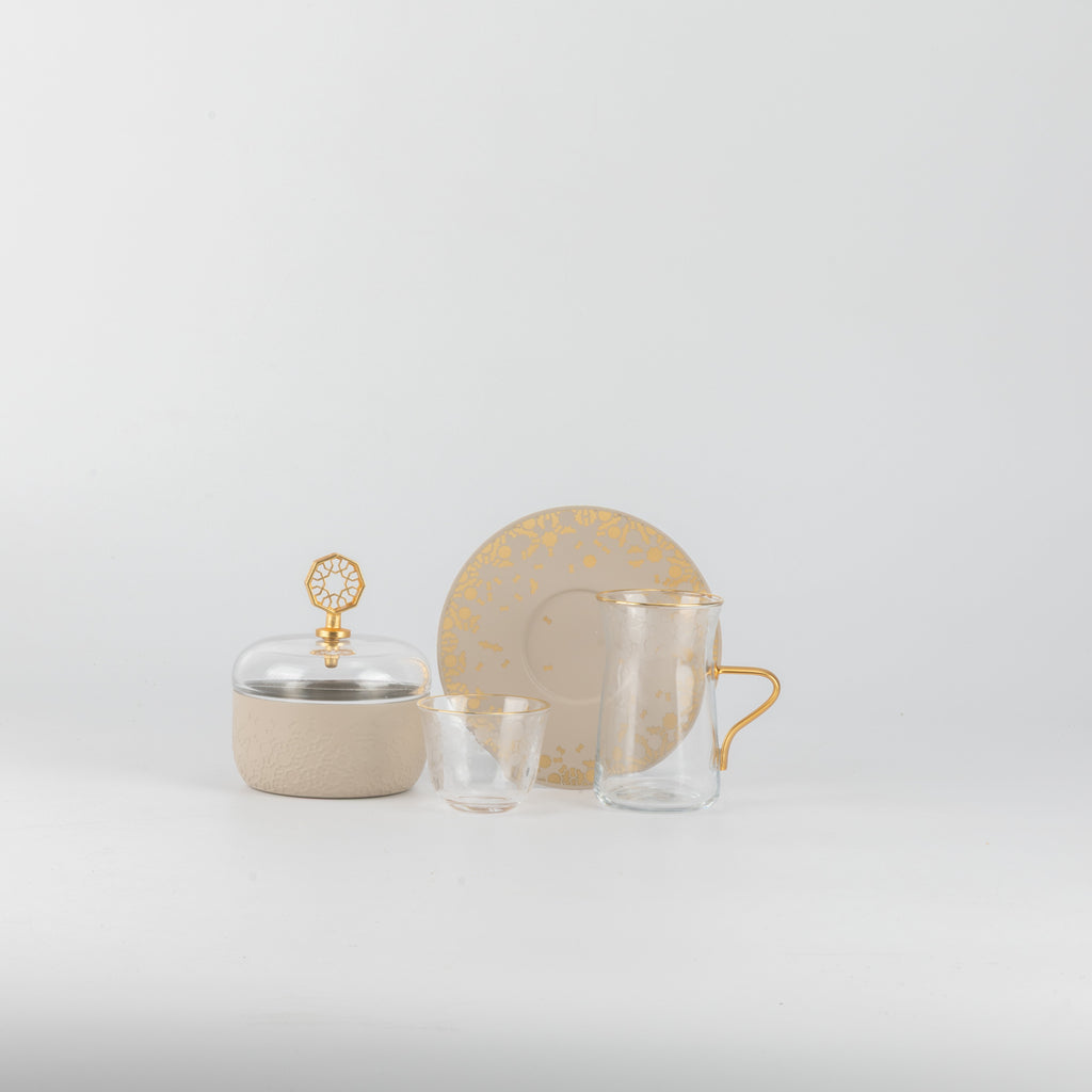 Nourhan -  Tea Set (19-Pc) - Beige & Gold