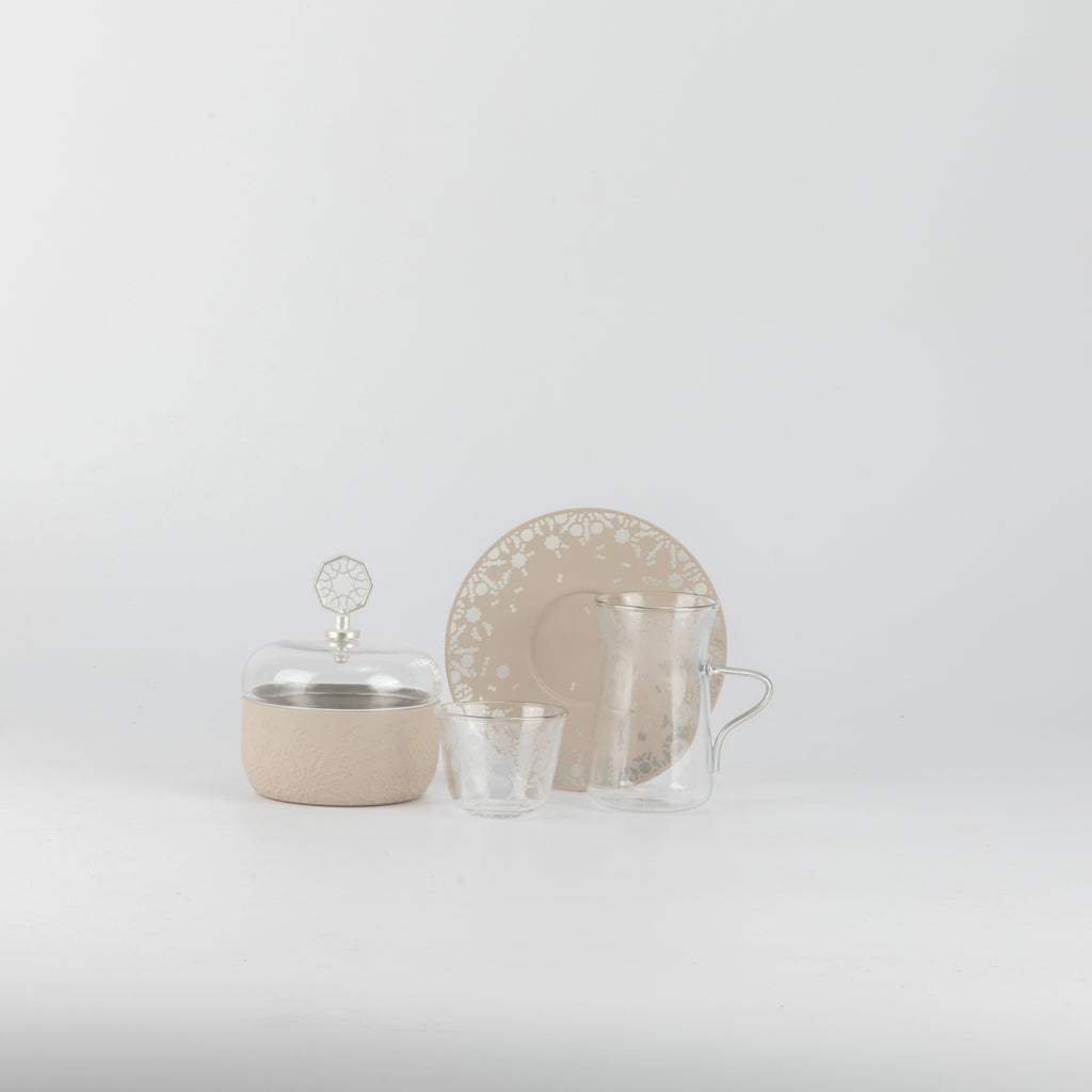 Nourhan -  Tea Set (19-Pc) - Beige & Silver