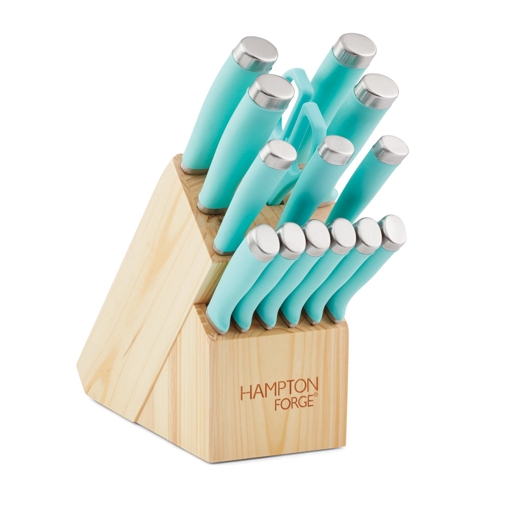 Hampton Forge Epicure True Aqua 15 Piece Cutlery Block Set, wood/acacia/stainless