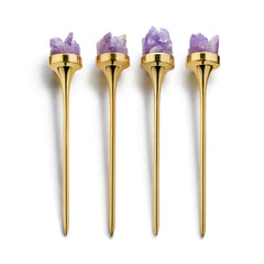 Hospitality Cocktail Picks, Gold & Amethyst Druze, Set of 4