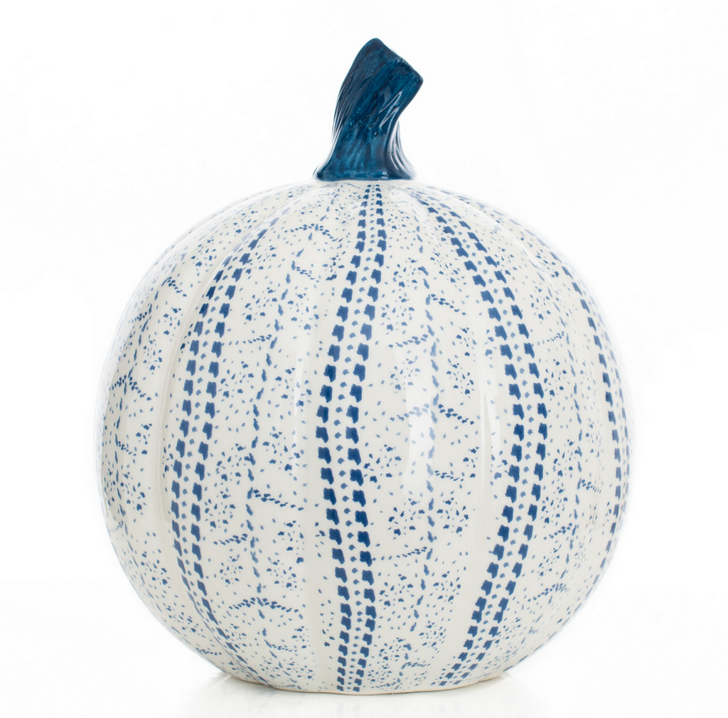 Medium Blue & White Porcelain Pumpkin – 9-Inch