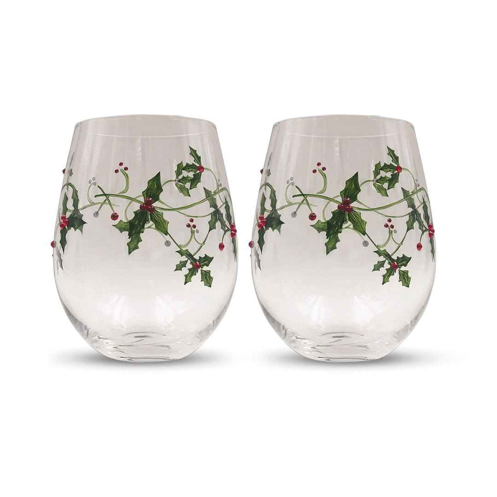 Hand-Painted Holly & Jeweled Berry Stemless Wine Glasses – Set of 2