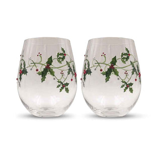 Hand-Painted Holly & Jeweled Berry Stemless Wine Glasses – Set of 2