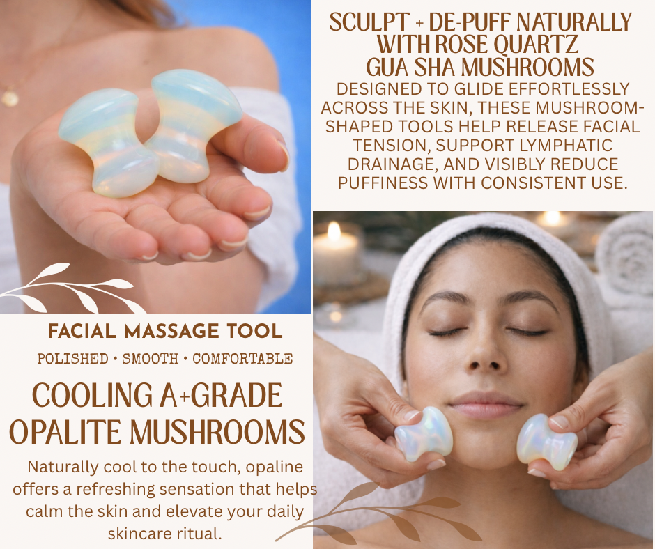Opalite Gua Sha Mushrooms – Crystal Facial & Body Massage Set