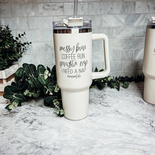 Messy Bun Coffee Run #MomLife Insulated Tumbler – 40oz Travel Mug with Handle & Straw