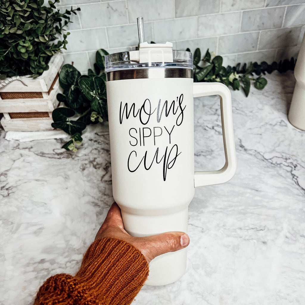Mom’s Sippy Cup 40oz Insulated Tumbler – Travel Mug with Handle & Straw