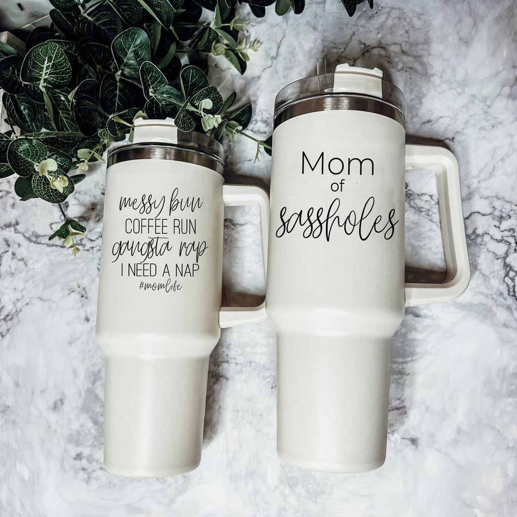 Messy Bun Coffee Run #MomLife Insulated Tumbler – 40oz Travel Mug with Handle & Straw