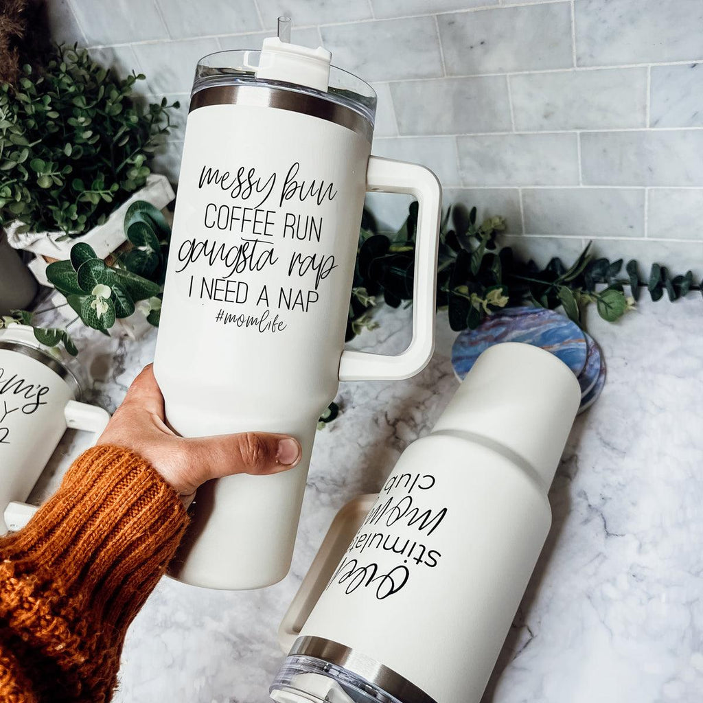 Messy Bun Coffee Run #MomLife Insulated Tumbler – 40oz Travel Mug with Handle & Straw