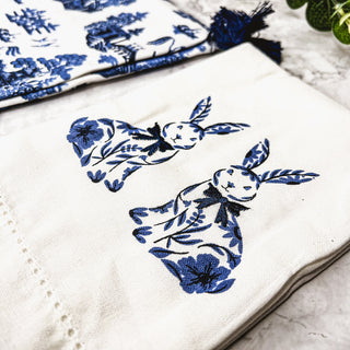 Chinoiserie Bunny Embroidered Dish Towel – Blue & White Easter Kitchen Towel