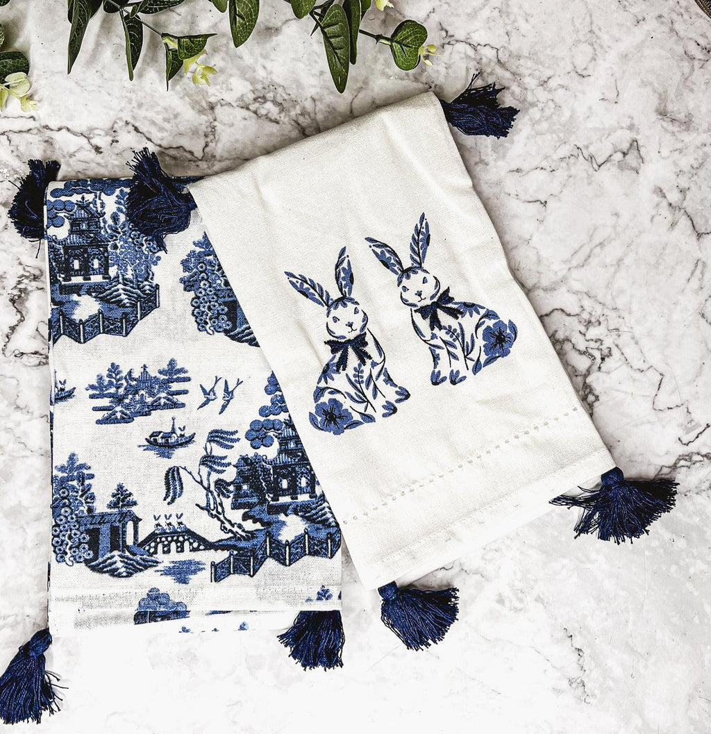 Chinoiserie Bunny Embroidered Dish Towel – Blue & White Easter Kitchen Towel