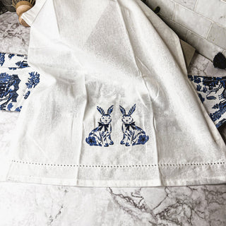 Chinoiserie Bunny Embroidered Dish Towel – Blue & White Easter Kitchen Towel