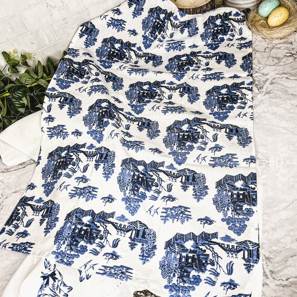 Chinoiserie Bunny Embroidered Dish Towel – Blue & White Easter Kitchen Towel