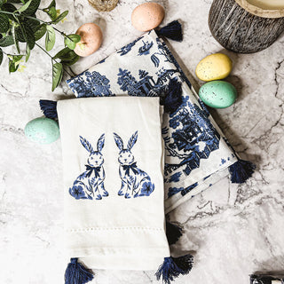 Chinoiserie Bunny Embroidered Dish Towel – Blue & White Easter Kitchen Towel
