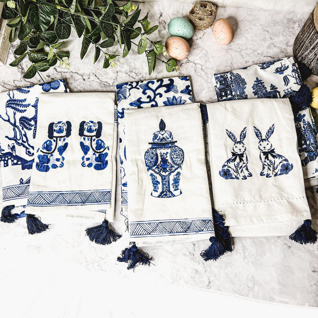 Chinoiserie Embroidered Dish Towels with Tassels – Blue & White Cotton Kitchen Towels