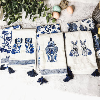 Chinoiserie Embroidered Dish Towels with Tassels – Blue & White Cotton Kitchen Towels