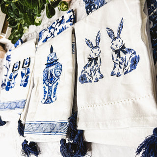 Chinoiserie Bunny Embroidered Dish Towel – Blue & White Easter Kitchen Towel