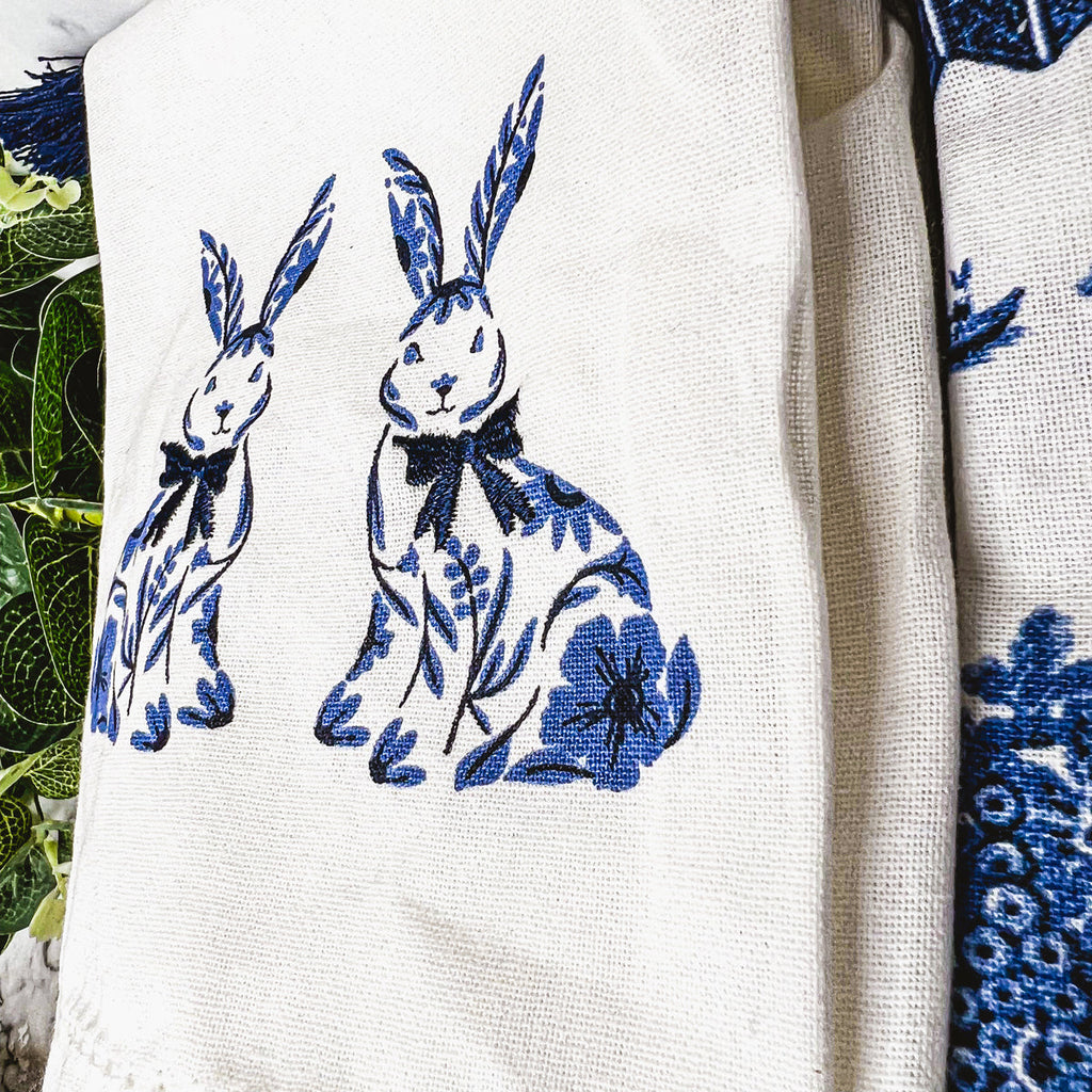 Chinoiserie Bunny Embroidered Dish Towel – Blue & White Easter Kitchen Towel