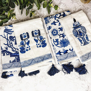 Chinoiserie Embroidered Dish Towels with Tassels – Blue & White Cotton Kitchen Towels