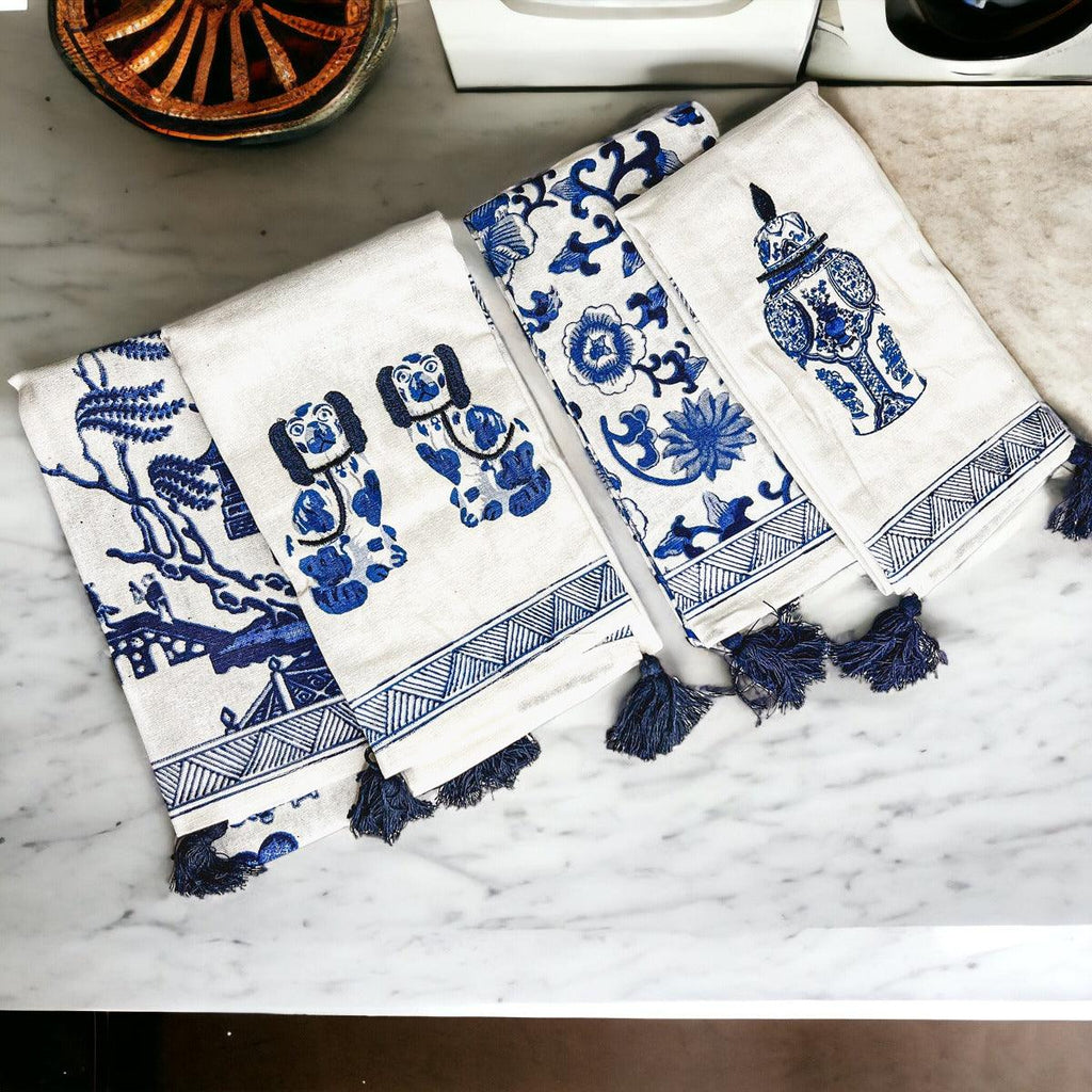 Chinoiserie Embroidered Dish Towels with Tassels – Blue & White Cotton Kitchen Towels