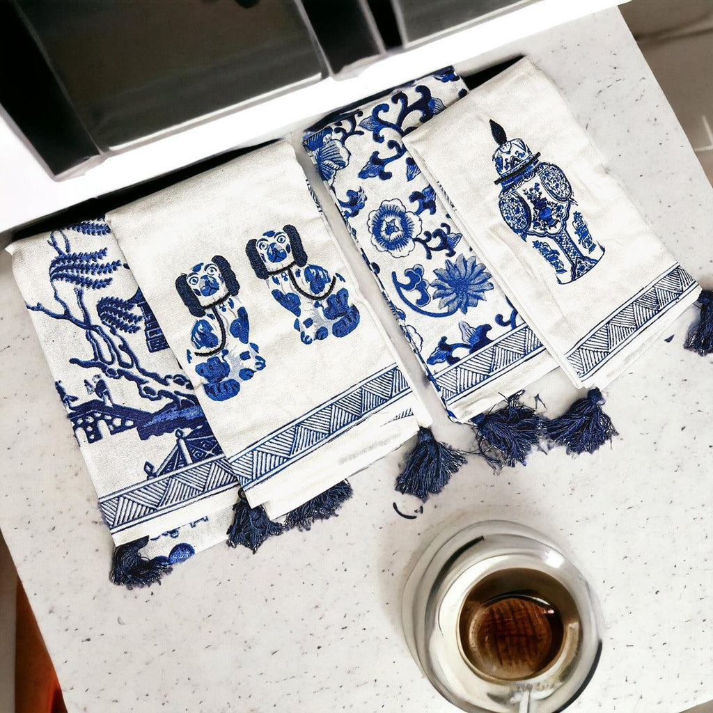 Chinoiserie Embroidered Dish Towels with Tassels – Blue & White Cotton Kitchen Towels