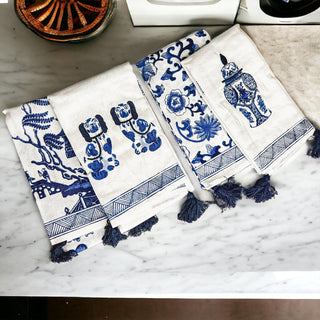 Chinoiserie Embroidered Dish Towels with Tassels – Blue & White Cotton Kitchen Towels