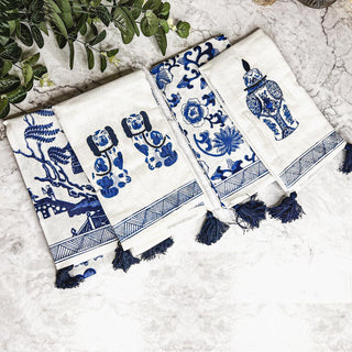 Chinoiserie Embroidered Dish Towels with Tassels – Blue & White Cotton Kitchen Towels