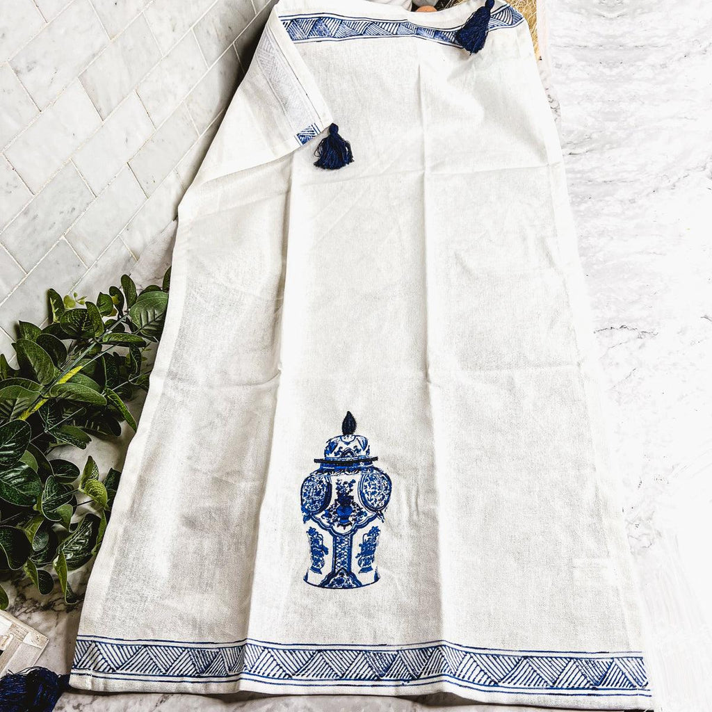 Chinoiserie Embroidered Dish Towels with Tassels – Blue & White Cotton Kitchen Towels