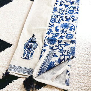 Chinoiserie Embroidered Dish Towels with Tassels – Blue & White Cotton Kitchen Towels