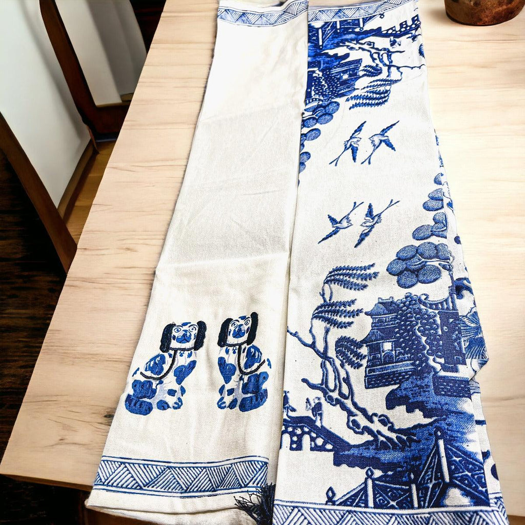 Chinoiserie Embroidered Dish Towels with Tassels – Blue & White Cotton Kitchen Towels
