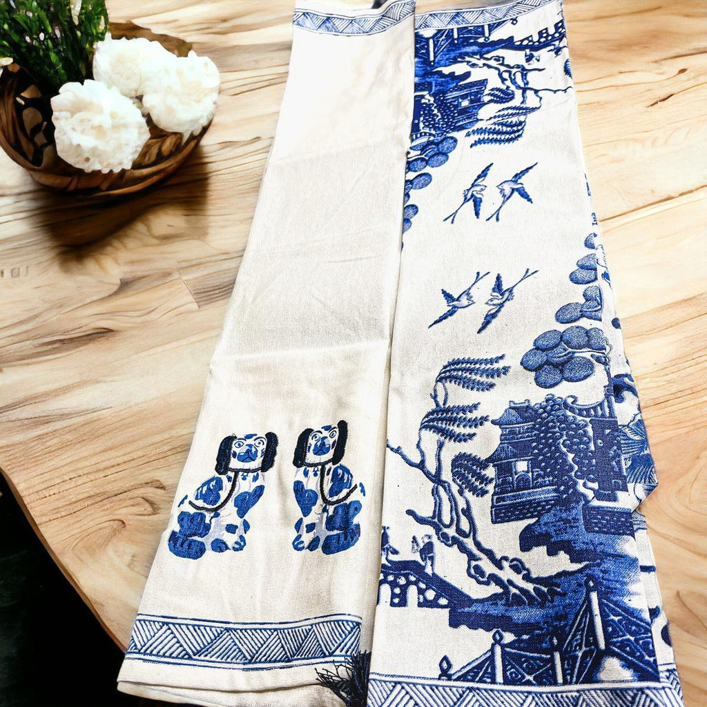 Chinoiserie Embroidered Dish Towels with Tassels – Blue & White Cotton Kitchen Towels