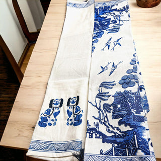 Chinoiserie Embroidered Dish Towels with Tassels – Blue & White Cotton Kitchen Towels