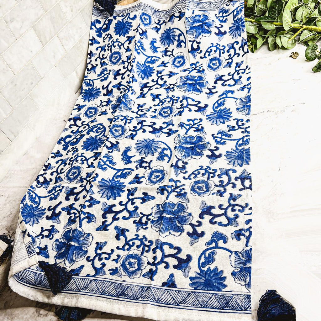 Chinoiserie Embroidered Dish Towels with Tassels – Blue & White Cotton Kitchen Towels