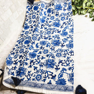 Chinoiserie Embroidered Dish Towels with Tassels – Blue & White Cotton Kitchen Towels