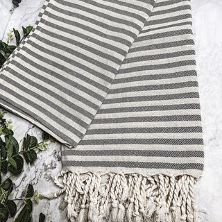 Nautical Turkish Cotton Towel – Blue or Grey Striped Peshtemal (40