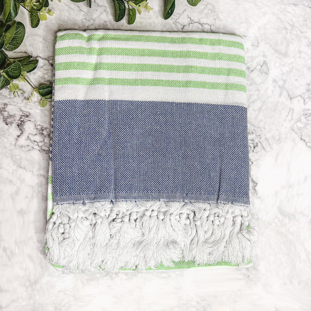 Pop of Summer Turkish Cotton Towel – Blue & Green Striped Peshtemal (40