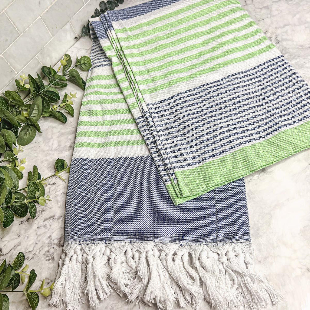 Pop of Summer Turkish Cotton Towel – Blue & Green Striped Peshtemal (40