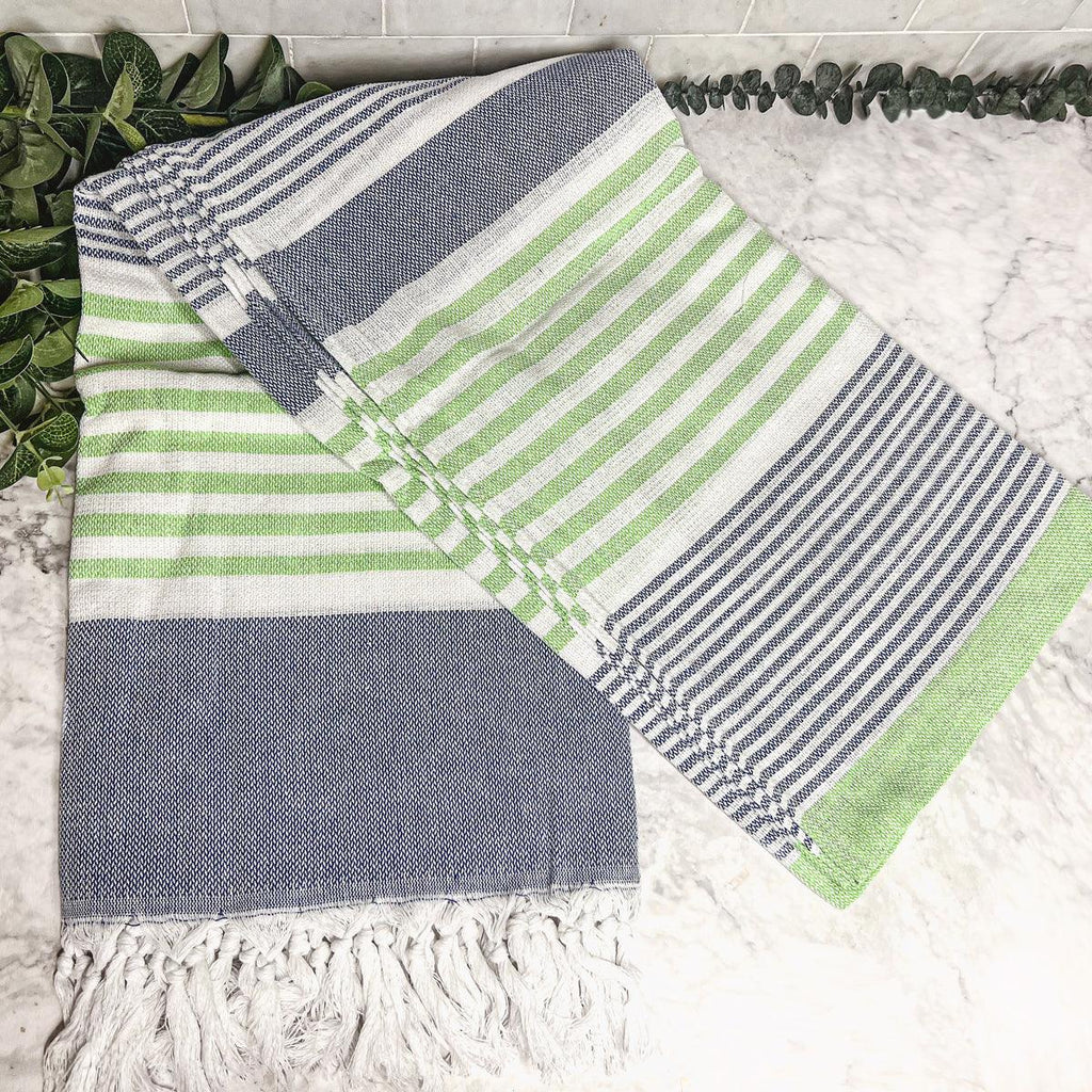 Pop of Summer Turkish Cotton Towel – Blue & Green Striped Peshtemal (40