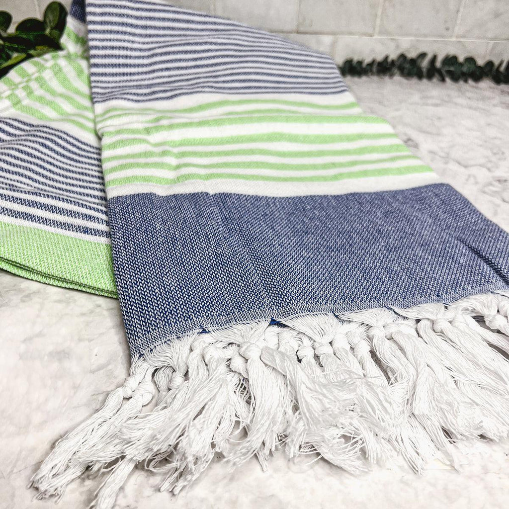 Pop of Summer Turkish Cotton Towel – Blue & Green Striped Peshtemal (40