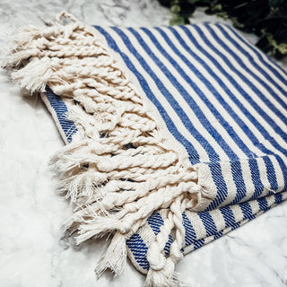 Nautical Turkish Cotton Towel – Blue or Grey Striped Peshtemal (40