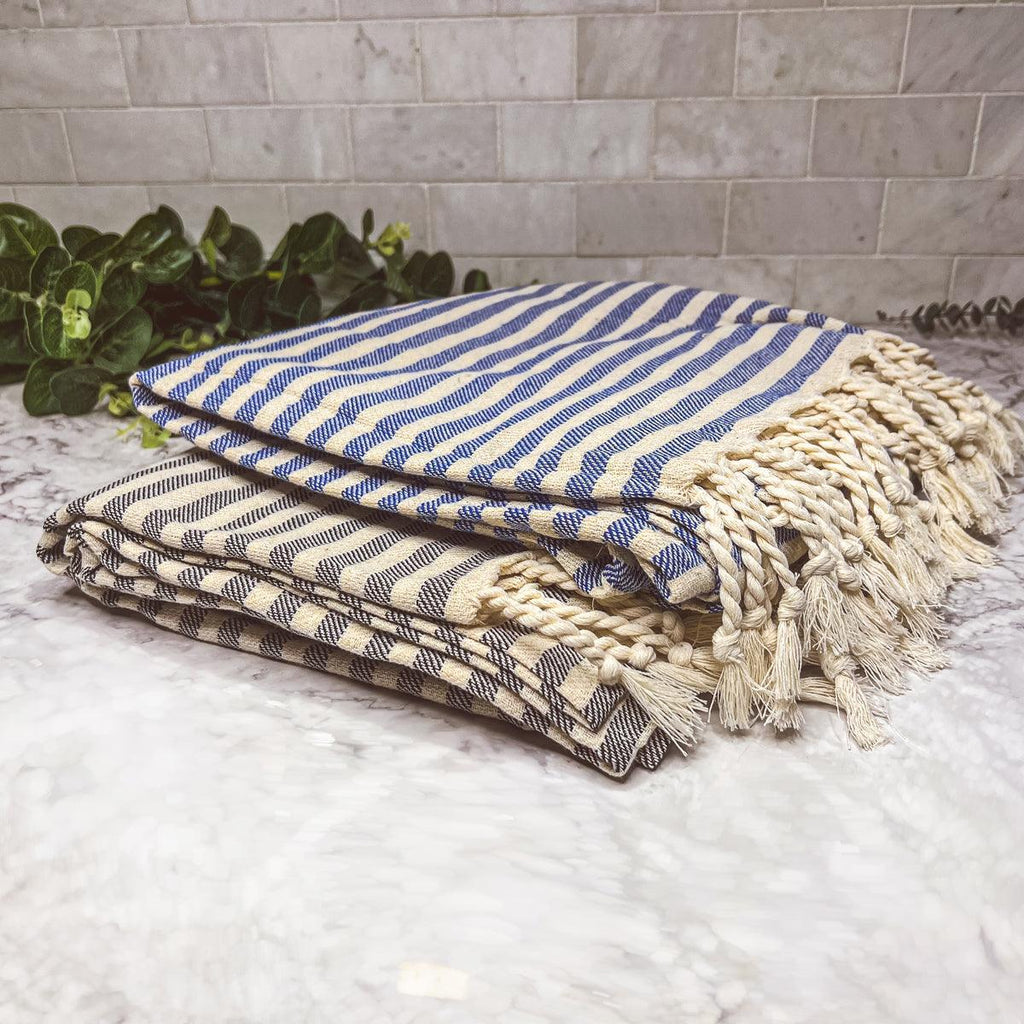Nautical Turkish Cotton Towel – Blue or Grey Striped Peshtemal (40
