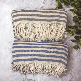 Nautical Turkish Cotton Towel – Blue or Grey Striped Peshtemal (40