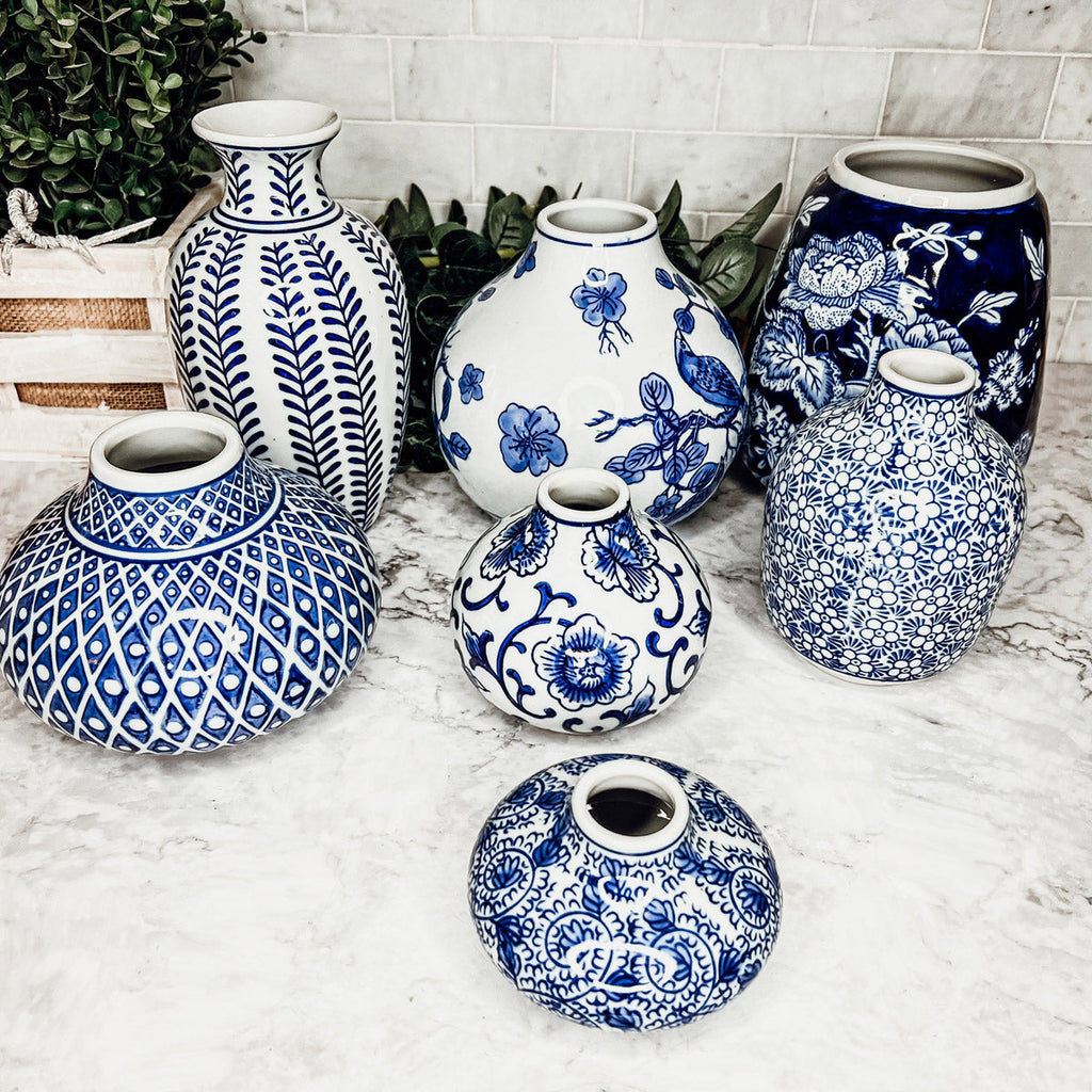 Samira Blue & White Chinoiserie Porcelain Vases – Hand-Painted Collection