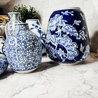 Samira Blue & White Chinoiserie Porcelain Vases – Hand-Painted Collection