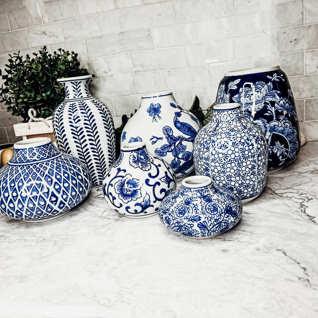 Samira Blue & White Chinoiserie Porcelain Vases – Hand-Painted Collection
